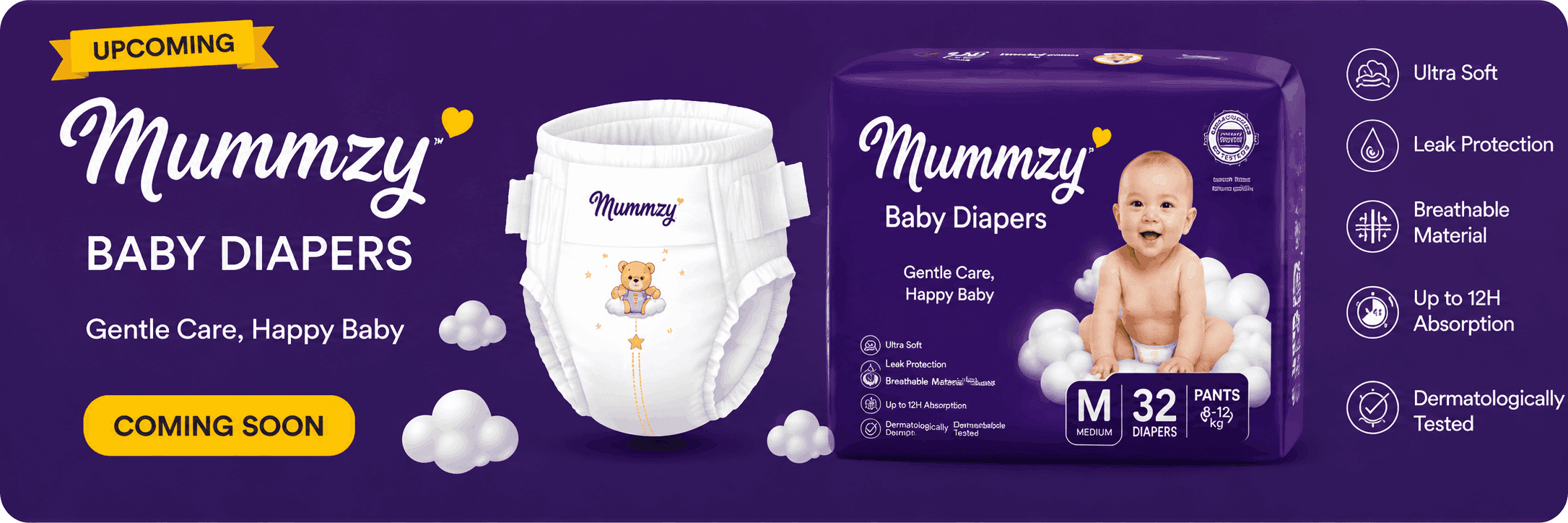 Mummzy Baby Diapers — Coming soon. Gentle care, happy baby. Ultra soft, leak protection, breathable, up to 12H absorption.